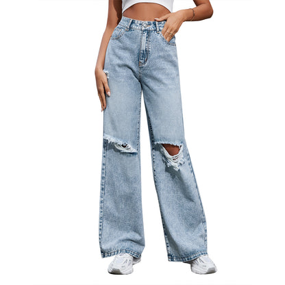 High Waist Ripped Wide Leg Denim Jeans