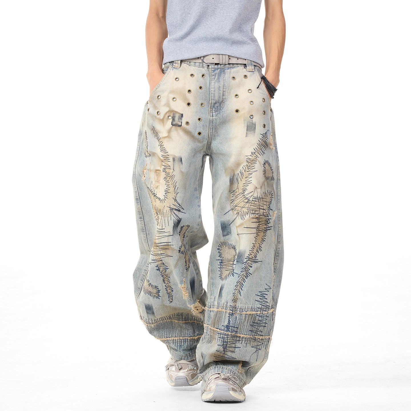 Distressed Embroidery Wide Leg Jeans