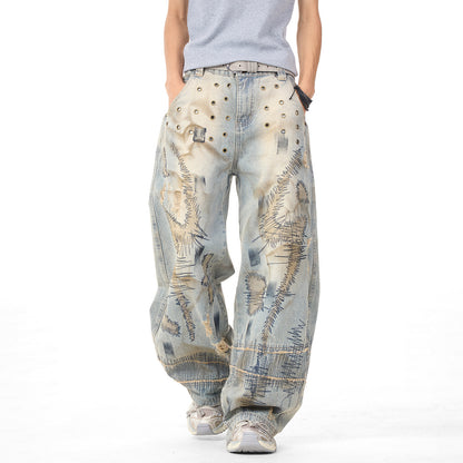 Distressed Embroidery Wide Leg Jeans