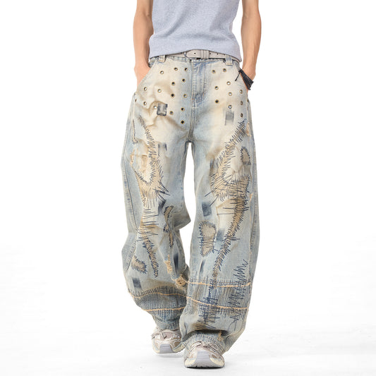 Distressed Embroidery Wide Leg Jeans