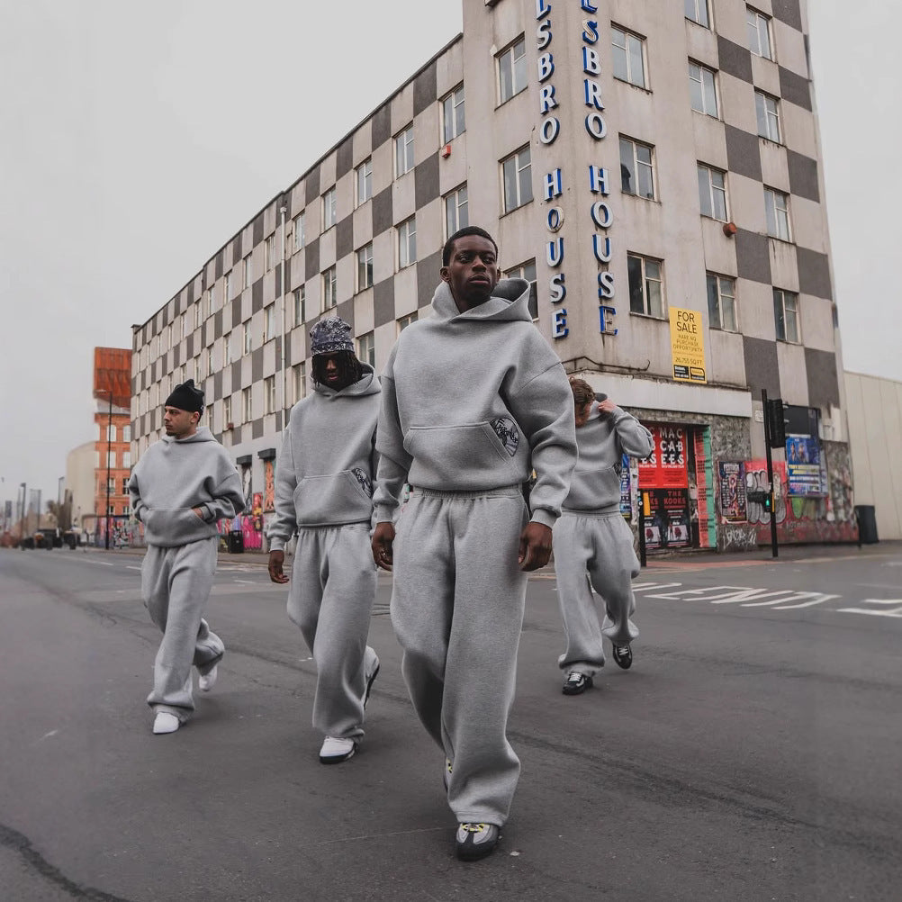 Retro Print Pullover Hoodie and Trousers Set