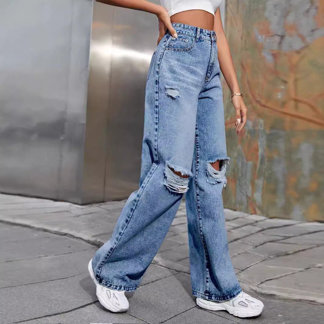 High Waist Ripped Wide Leg Denim Jeans