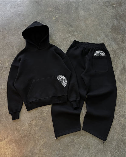 Retro Print Pullover Hoodie and Trousers Set