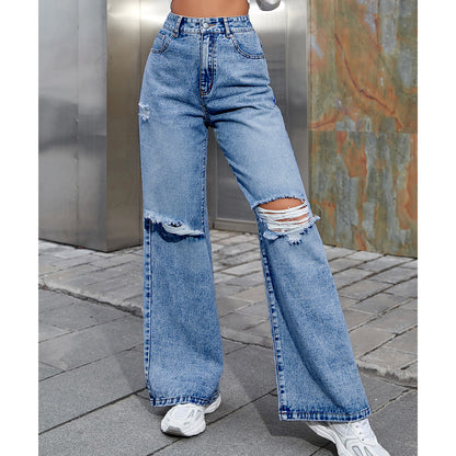 High Waist Ripped Wide Leg Denim Jeans