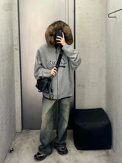Letter Patch Embroidered Oversized Fur Collar Zip Up Hoodie