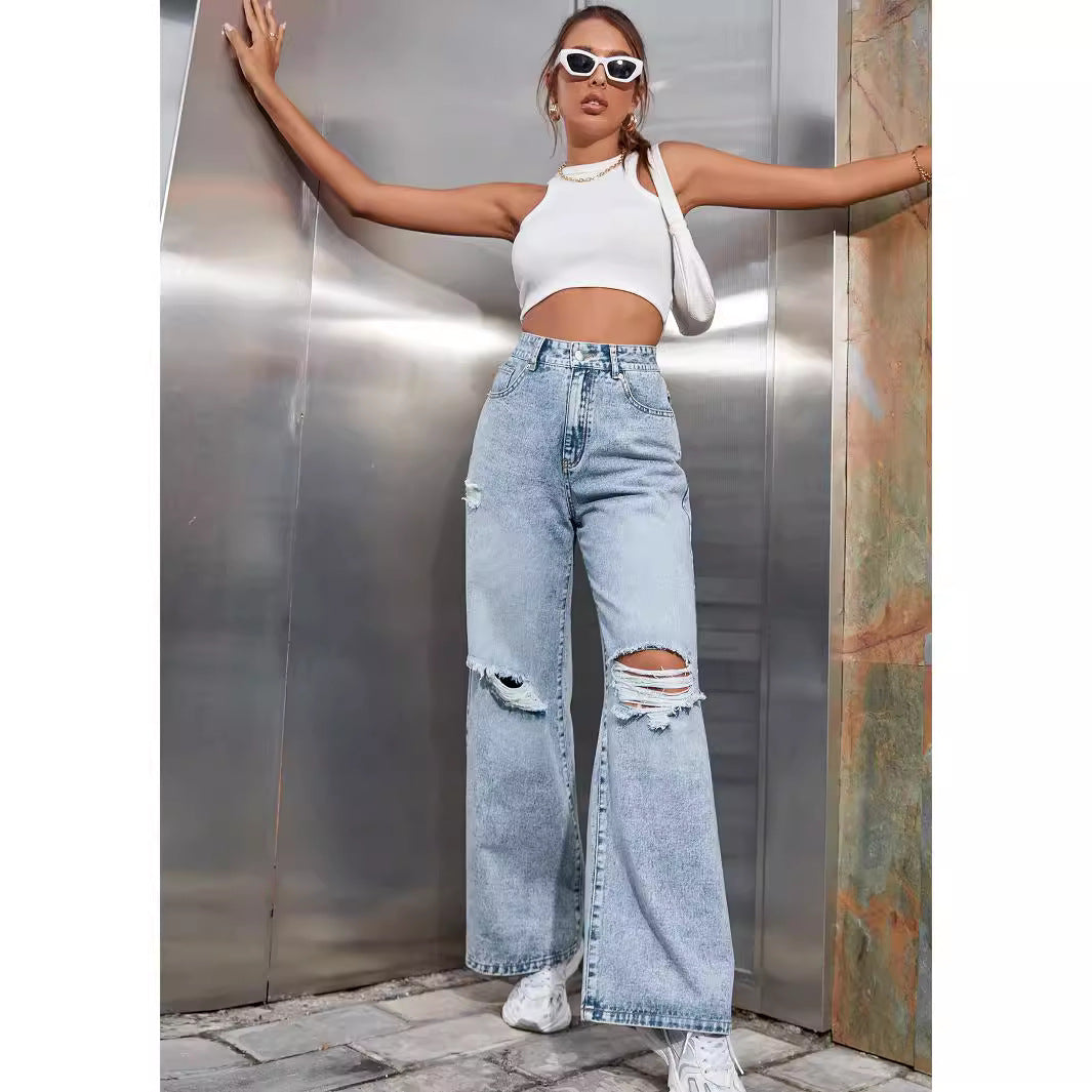 High Waist Ripped Wide Leg Denim Jeans