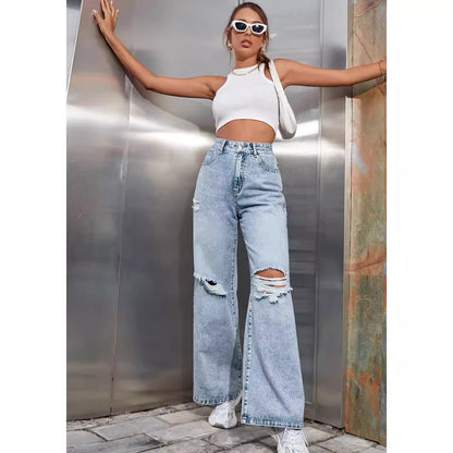 High Waist Ripped Wide Leg Denim Jeans