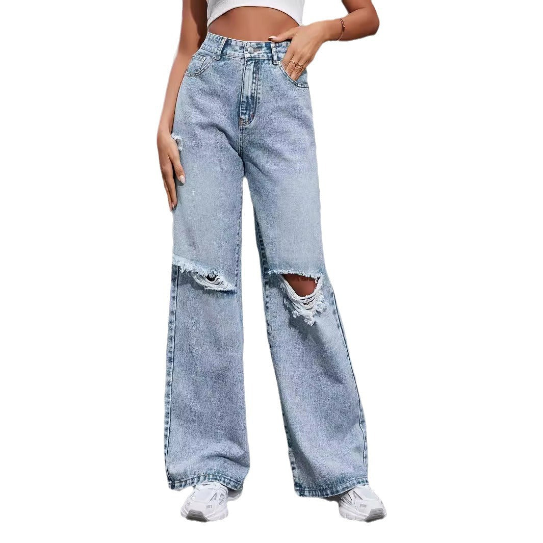 High Waist Ripped Wide Leg Denim Jeans