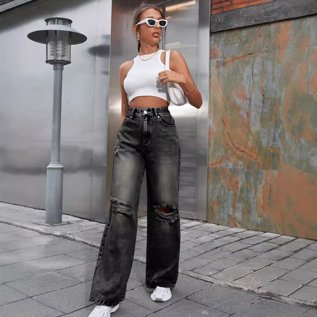 High Waist Ripped Wide Leg Denim Jeans