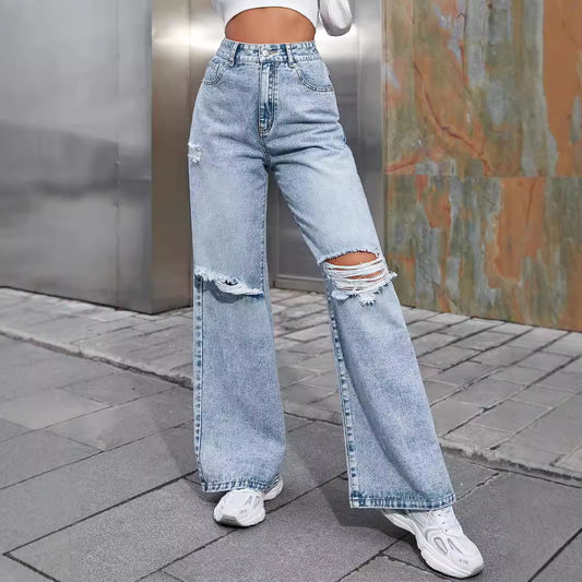 High Waist Ripped Wide Leg Denim Jeans